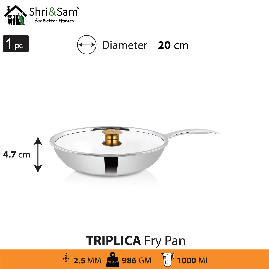 Stainless Steel Triply Fry Pan with SS Lid Triplica