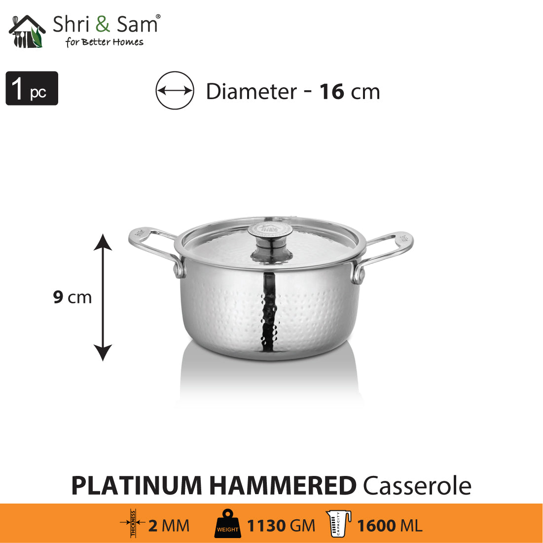 Stainless Steel Heavy Weight Hammered Casserole with SS Lid Platinum
