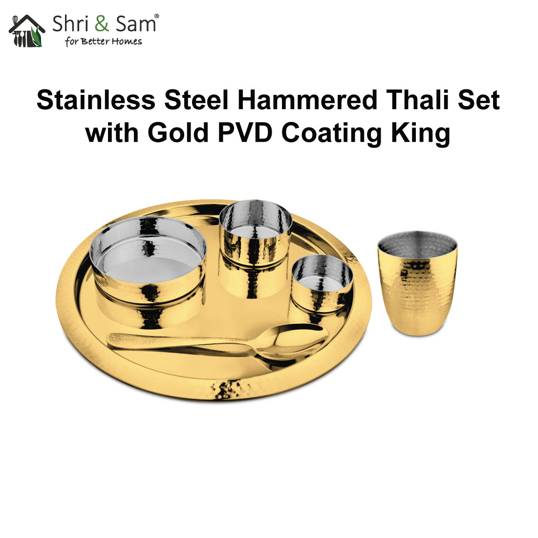 Stainless Steel Hammered Thali Set with Gold PVD Coating King