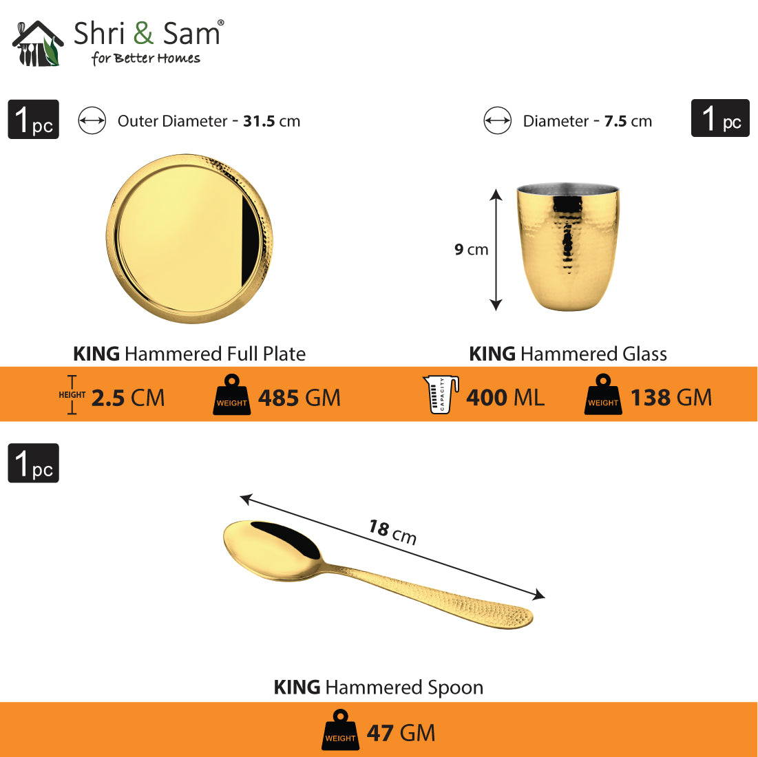 Stainless Steel Hammered Thali Set with Gold PVD Coating King