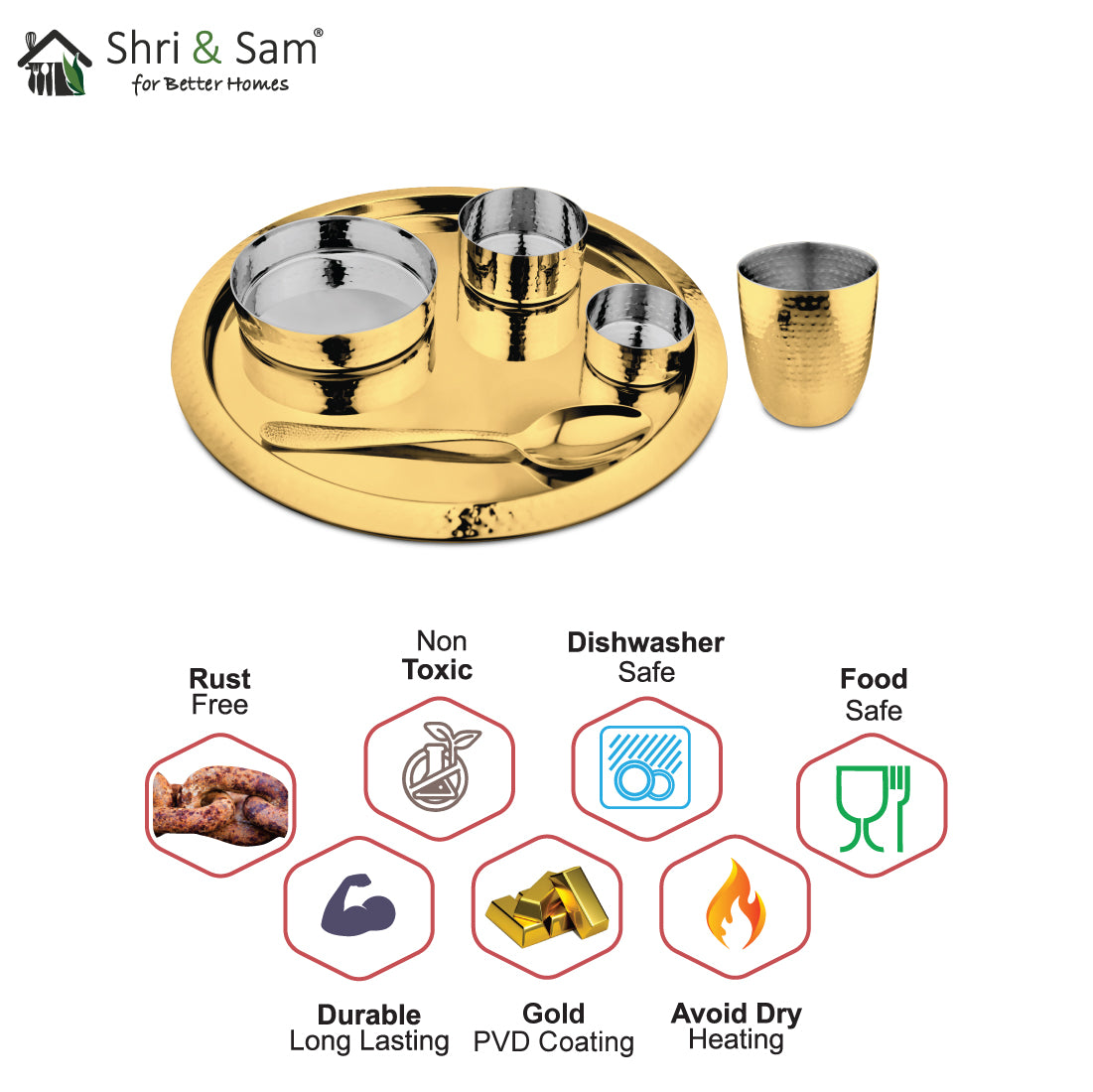 Stainless Steel Hammered Thali Set with Gold PVD Coating King