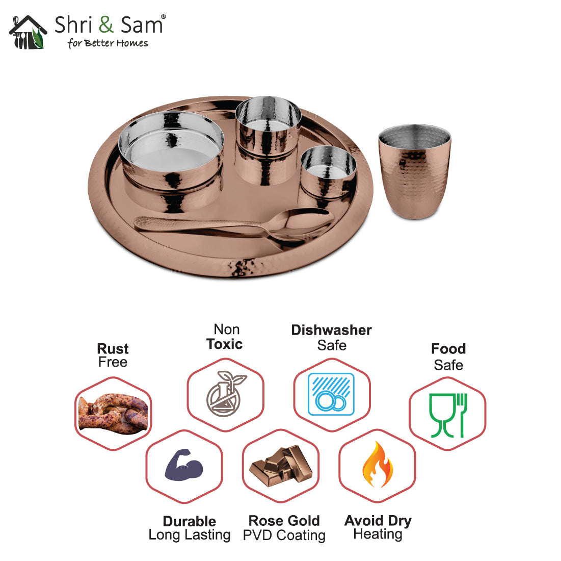 Stainless Steel Hammered Thali Set with Rose Gold PVD Coating King