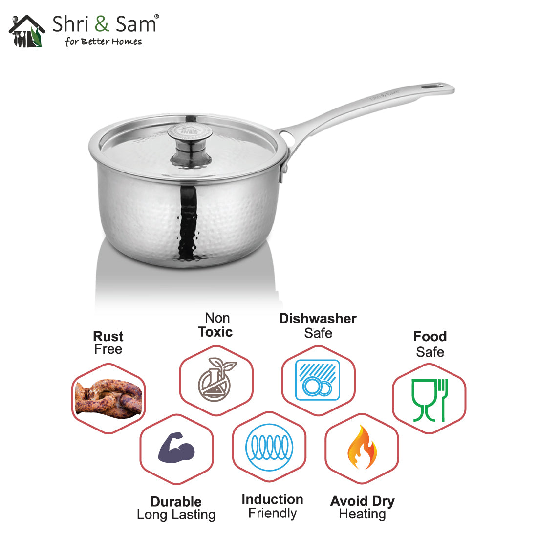 Stainless Steel Heavy Weight Hammered Sauce Pan with SS Lid Platinum