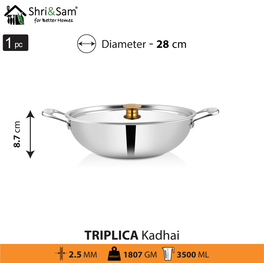 Stainless Steel Triply Kadhai with SS Lid Triplica