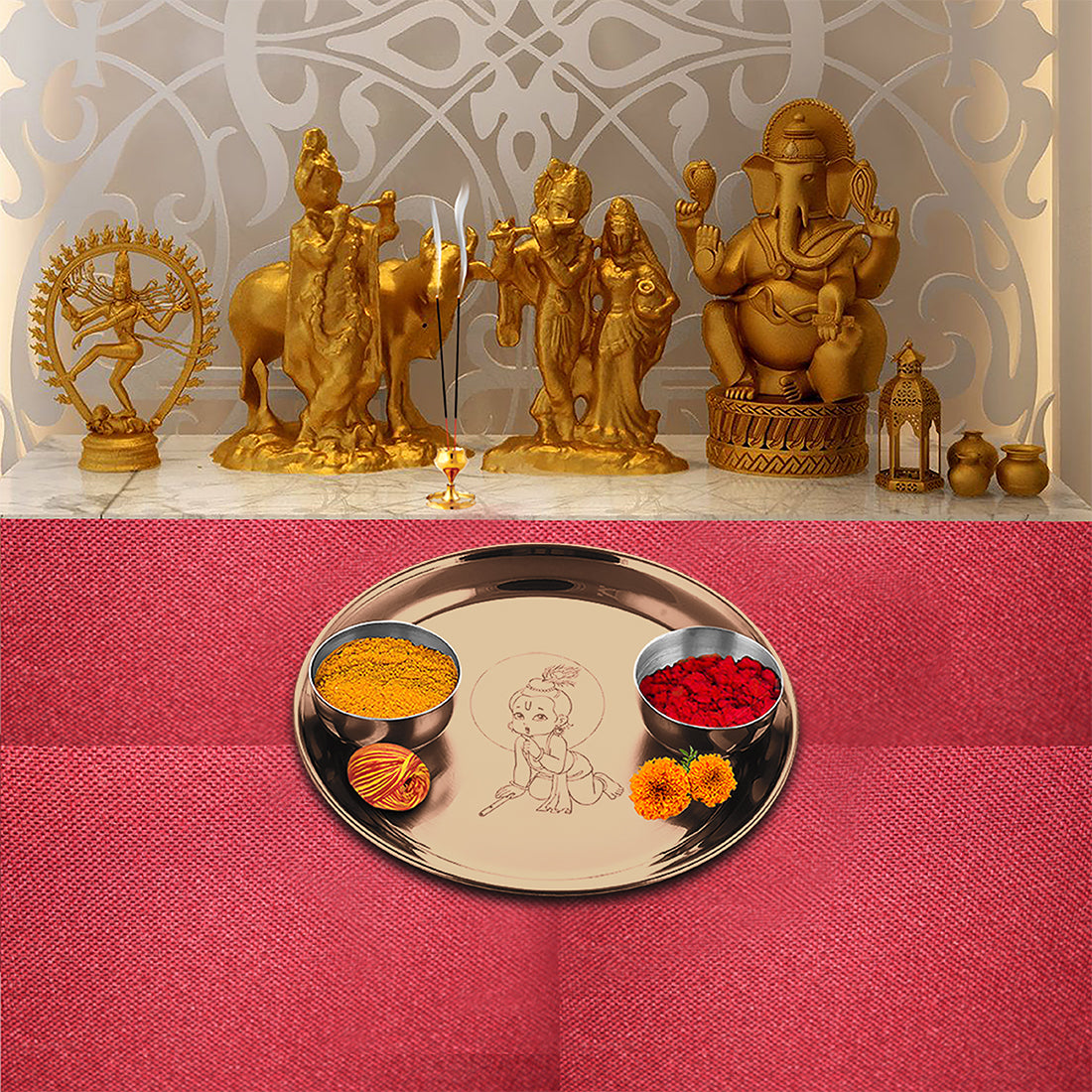 Stainless Steel Pooja Thali Set with Rose Gold PVD Coating Kanha