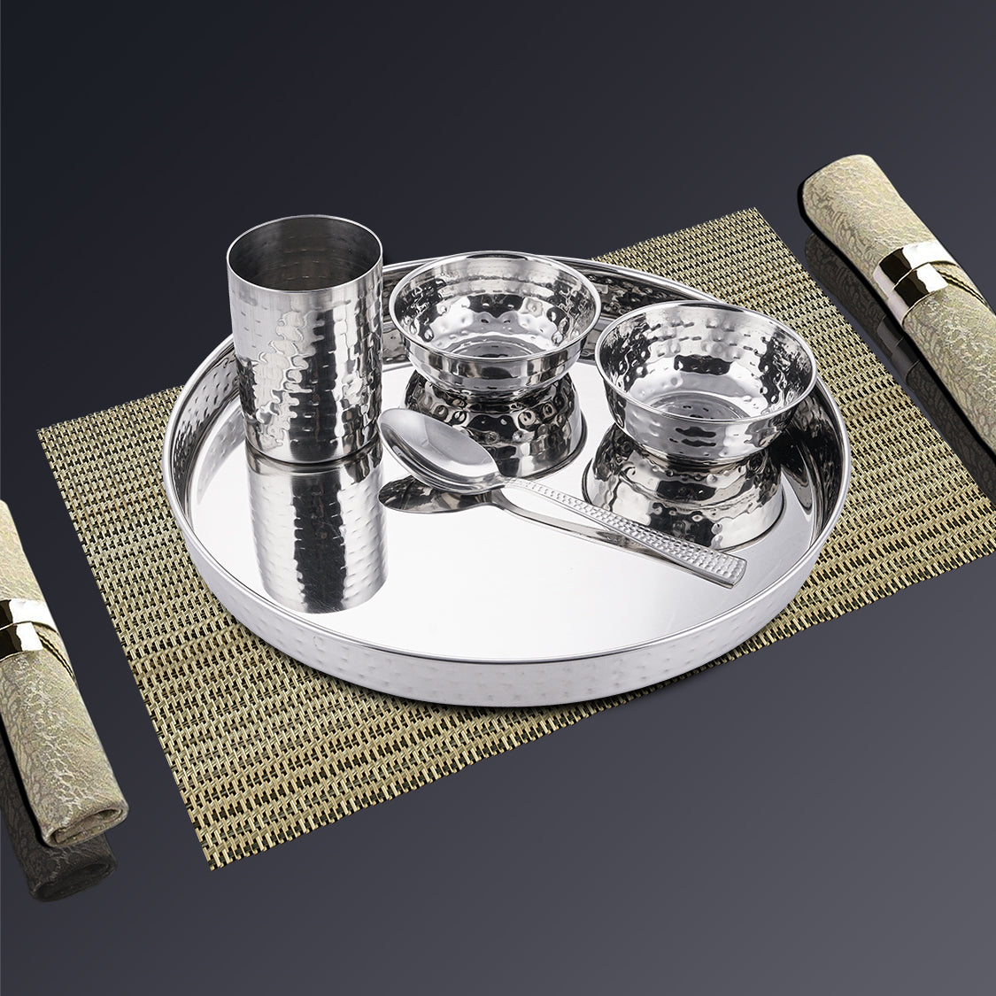 Stainless Steel Hammered Thali Set 28 CM Komcha