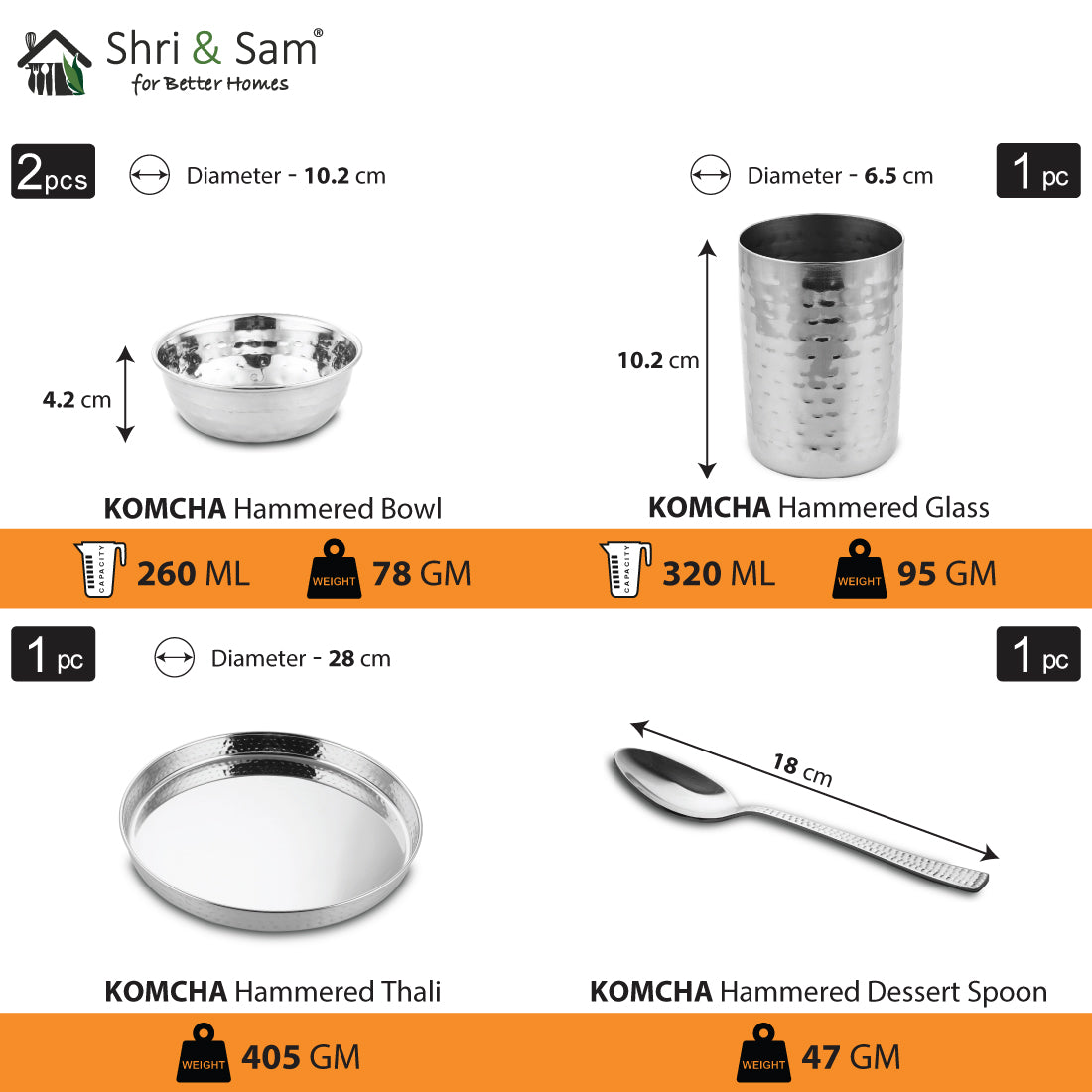 Stainless Steel Hammered Thali Set 28 CM Komcha