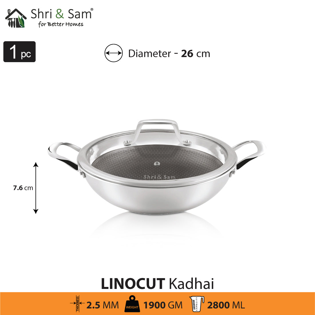 Stainless Steel Triply Non-Stick Kadhai with Glass Lid Linocut