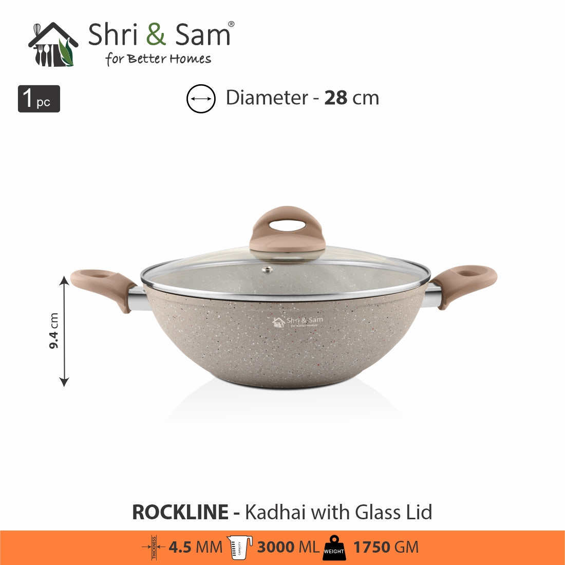 Aluminium Non-Stick Kadhai with Glass Lid Rockline