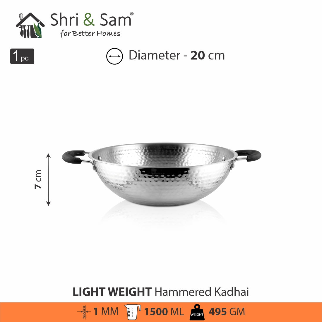 Stainless Steel Light Weight Hammered Kadhai