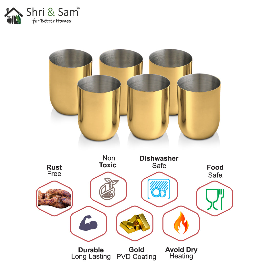 Stainless Steel 6 PCS Glass with Gold PVD Coating Majestic