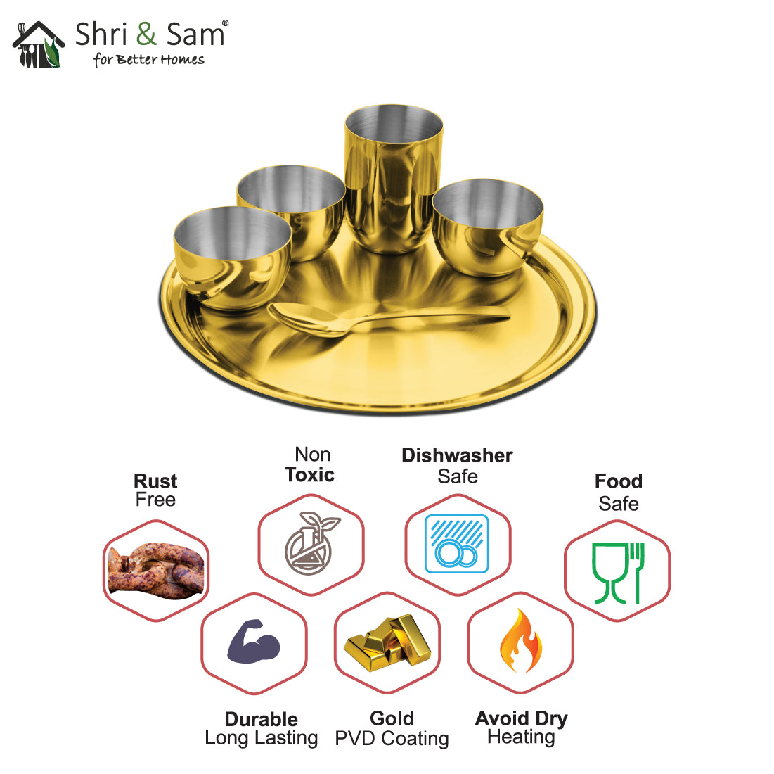 Stainless Steel Thali Set with Gold PVD Coating Majestic