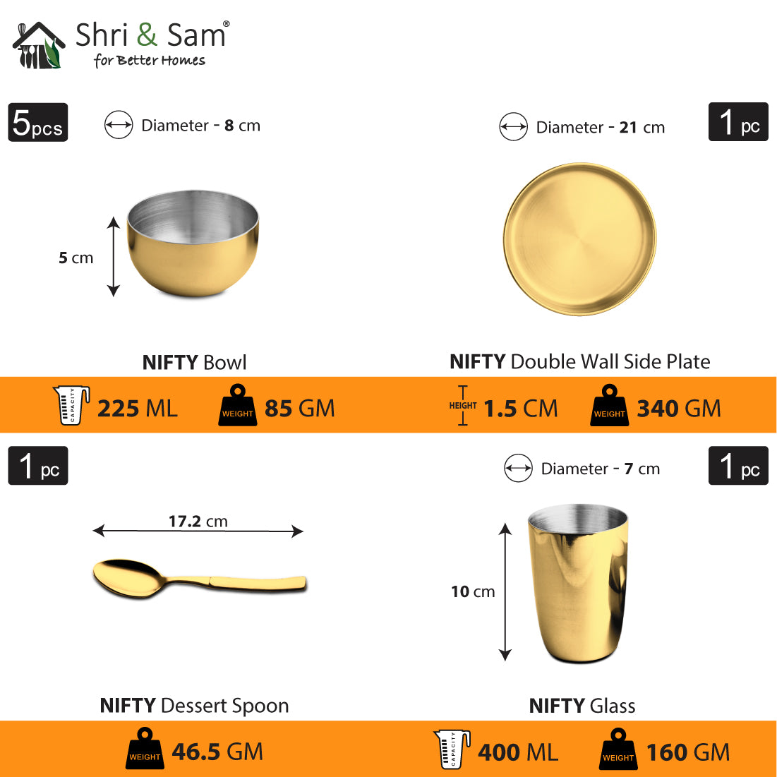 Stainless Steel Thali Set (1 Person) with Gold PVD Coating Nifty