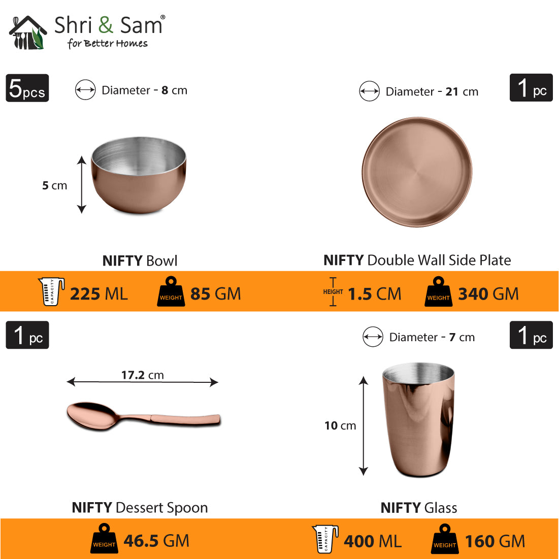 Stainless Steel Thali Set (1 Person) with Rose Gold PVD Coating Nifty