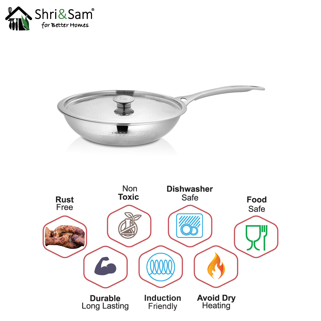 Stainless Steel Heavy Weight Hammered Fry Pan with SS Lid Platinum