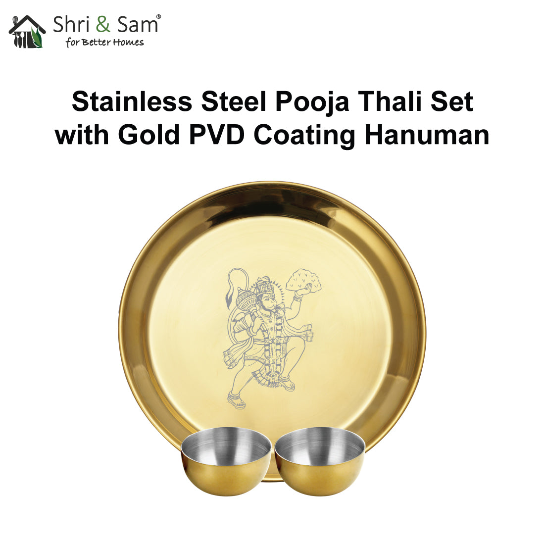 Stainless Steel Pooja Thali Set with Gold PVD Coating Hanuman