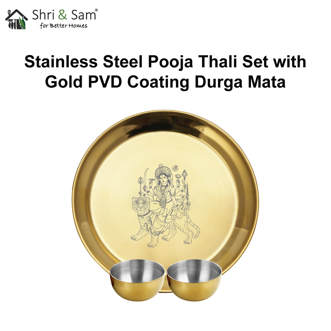 Stainless Steel Pooja Thali Set with Gold PVD Coating Durga Mata