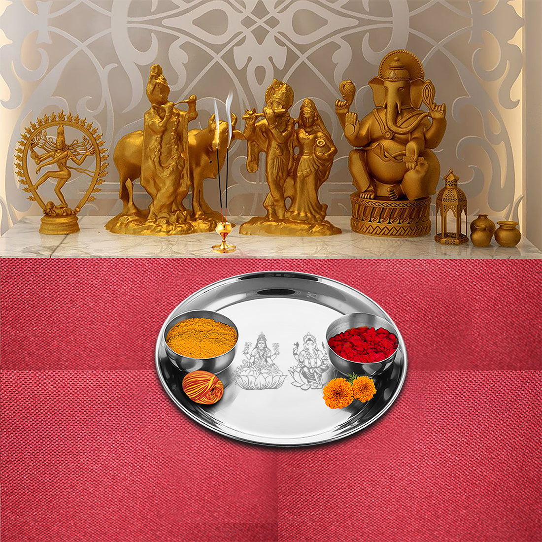 Stainless Steel Pooja Thali Set Laxmi & Ganesh