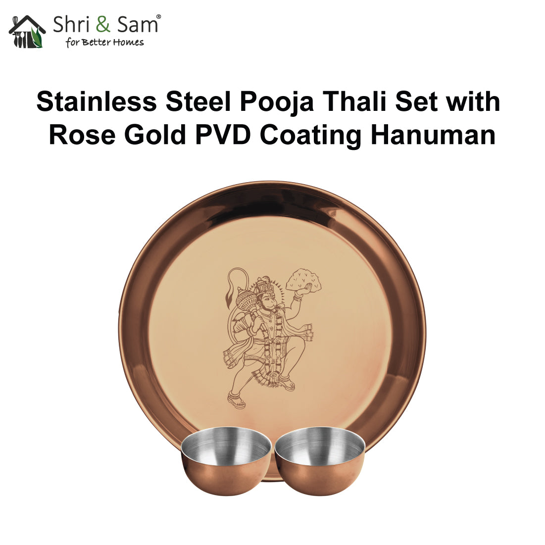 Stainless Steel Pooja Thali Set with Rose Gold PVD Coating Hanuman