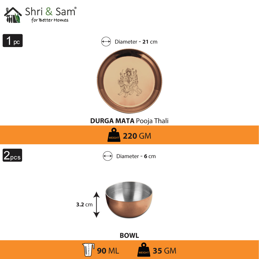 Stainless Steel Pooja Thali Set with Rose Gold PVD Coating Durga Mata