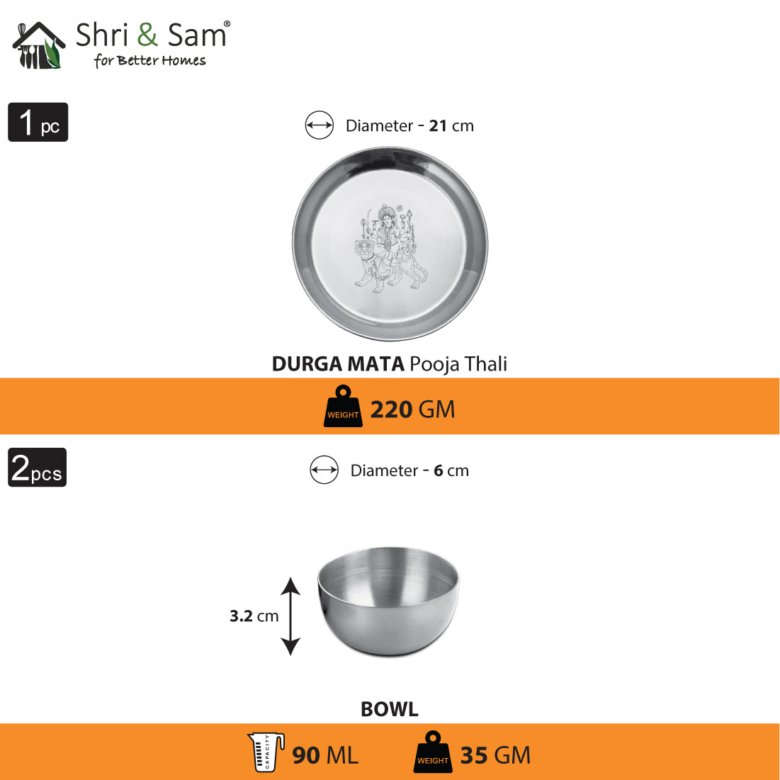 Stainless Steel Pooja Thali Set Durga Mata