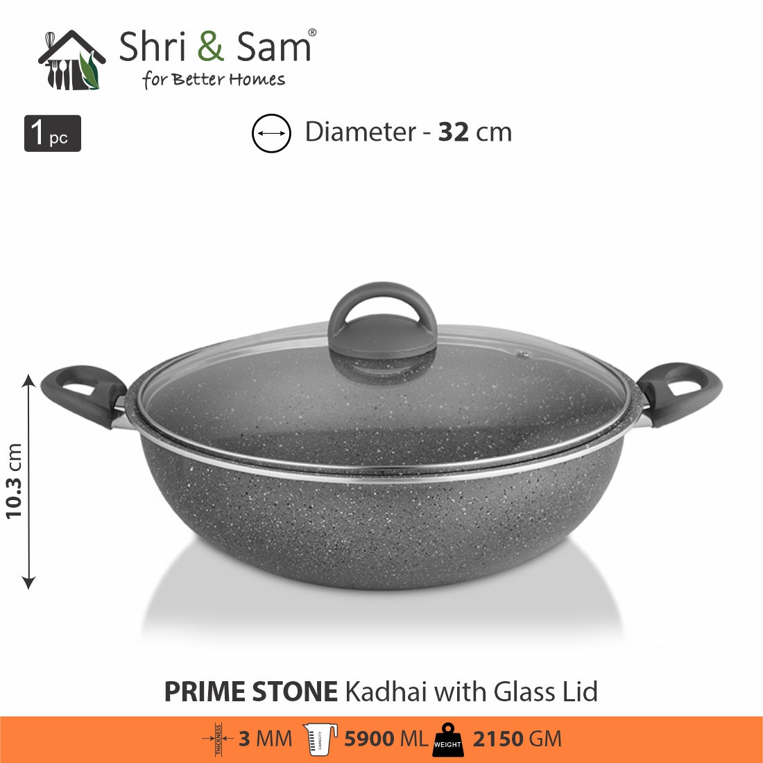 Aluminium Non-Stick Kadhai with Glass Lid Primestone