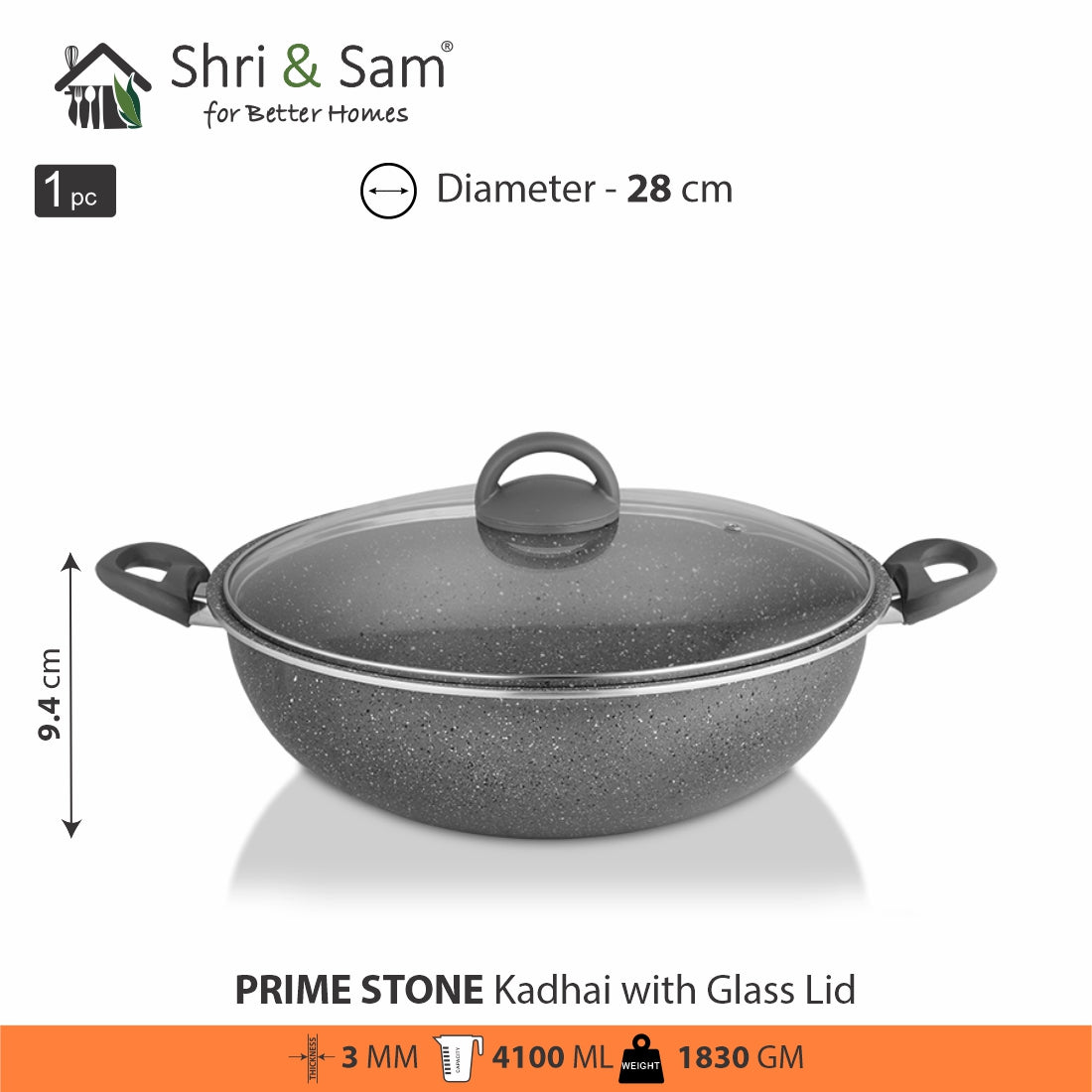 Aluminium Non-Stick Kadhai with Glass Lid Primestone