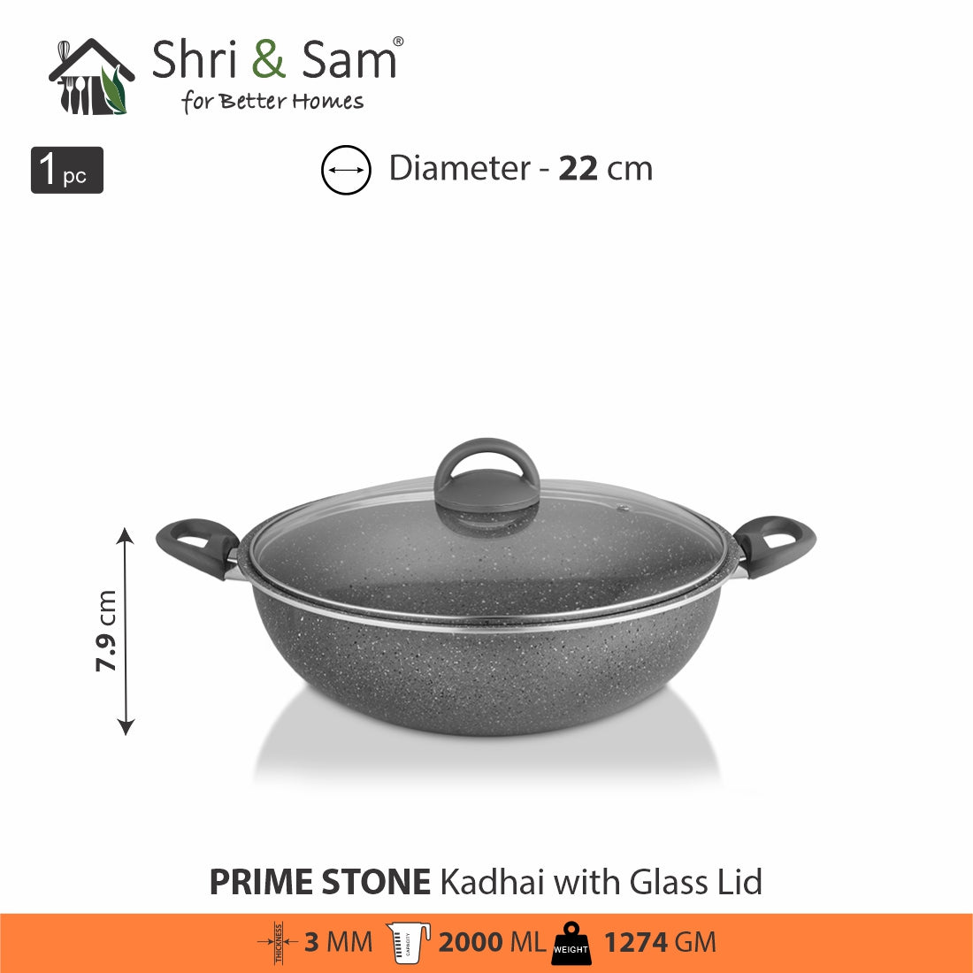 Aluminium Non-Stick Kadhai with Glass Lid Primestone