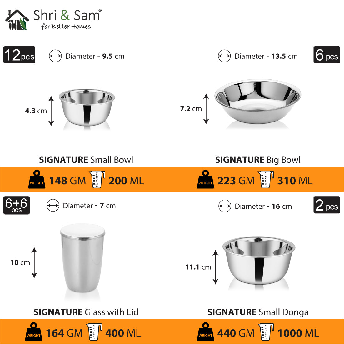 Stainless Steel 64 PCS Dinner Set (6 People) with Laser Signature - Shiny