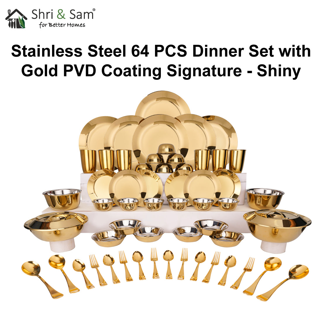 Stainless Steel 64 PCS Dinner Set (6 People) with Gold PVD Coating Signature - Shiny