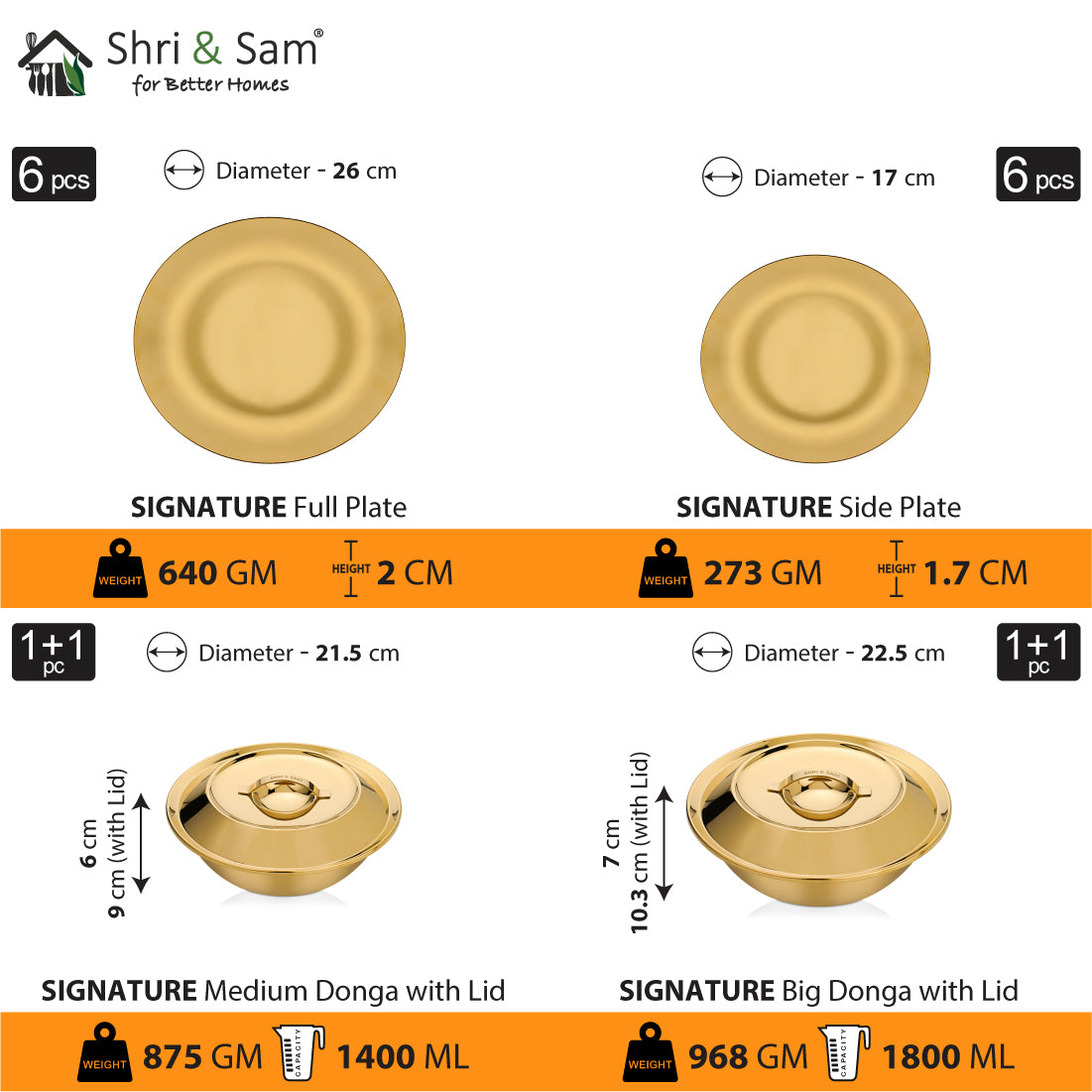 Stainless Steel 64 PCS Dinner Set (6 People) with Gold PVD Coating Signature