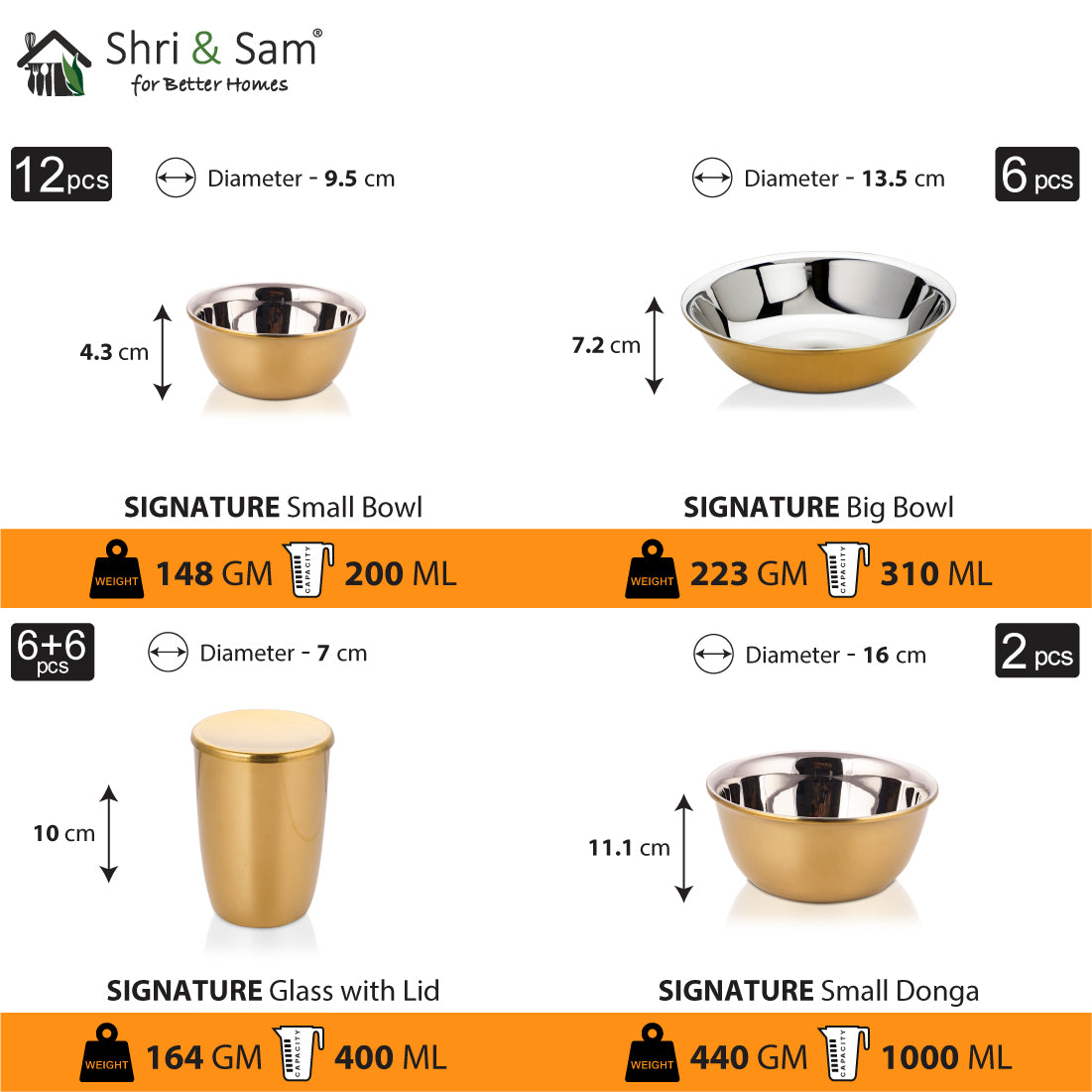 Stainless Steel 64 PCS Dinner Set (6 People) with Gold PVD Coating and Laser Signature - Shiny