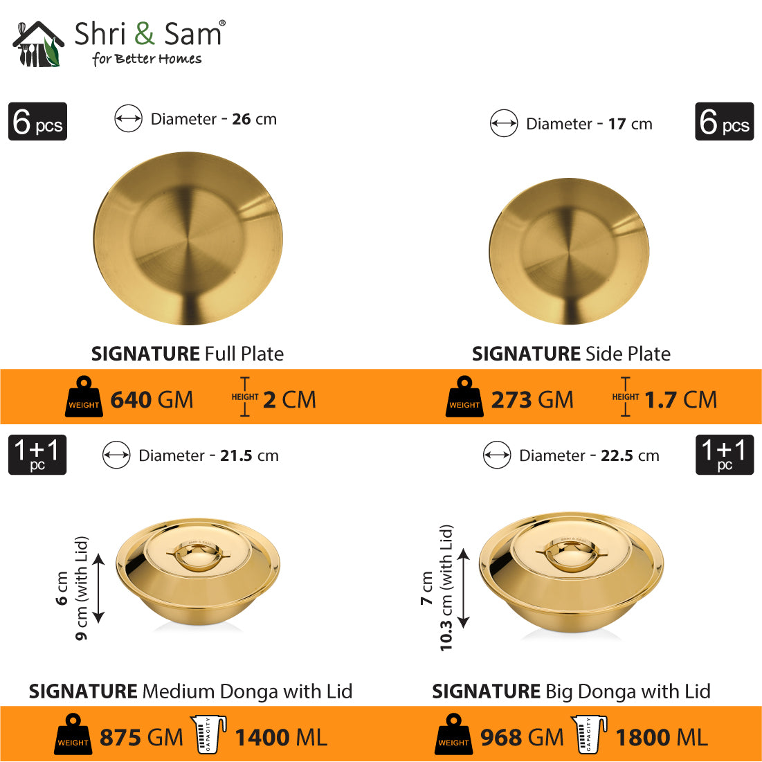 Stainless Steel 64 PCS Dinner Set (6 People) with Gold PVD Coating Signature - Matt