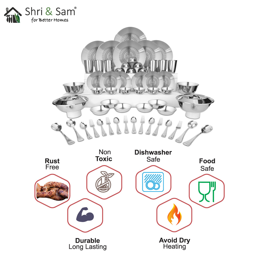 Stainless Steel 64 PCS Dinner Set (6 People) with Laser Signature - Matt