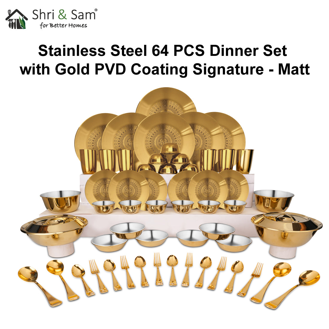 Stainless Steel 64 PCS Dinner Set (6 People) with Gold PVD Coating and Laser Signature - Matt