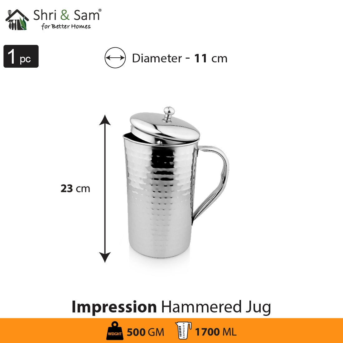 Stainless Steel 1700 ML Hammered Jug Impression