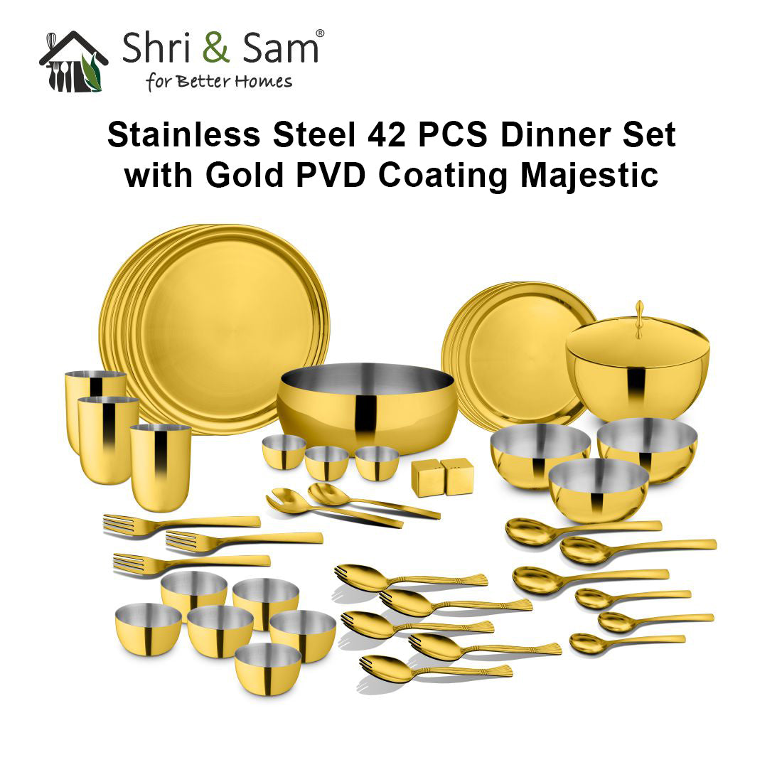 Stainless Steel 42 PCS Dinner Set (3 People) with Gold PVD Coating Majestic