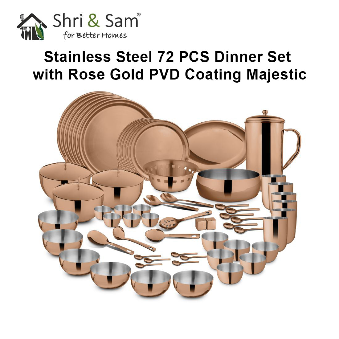Stainless Steel 72 PCS Dinner Set (6 People) with Rose Gold PVD Coating Majestic