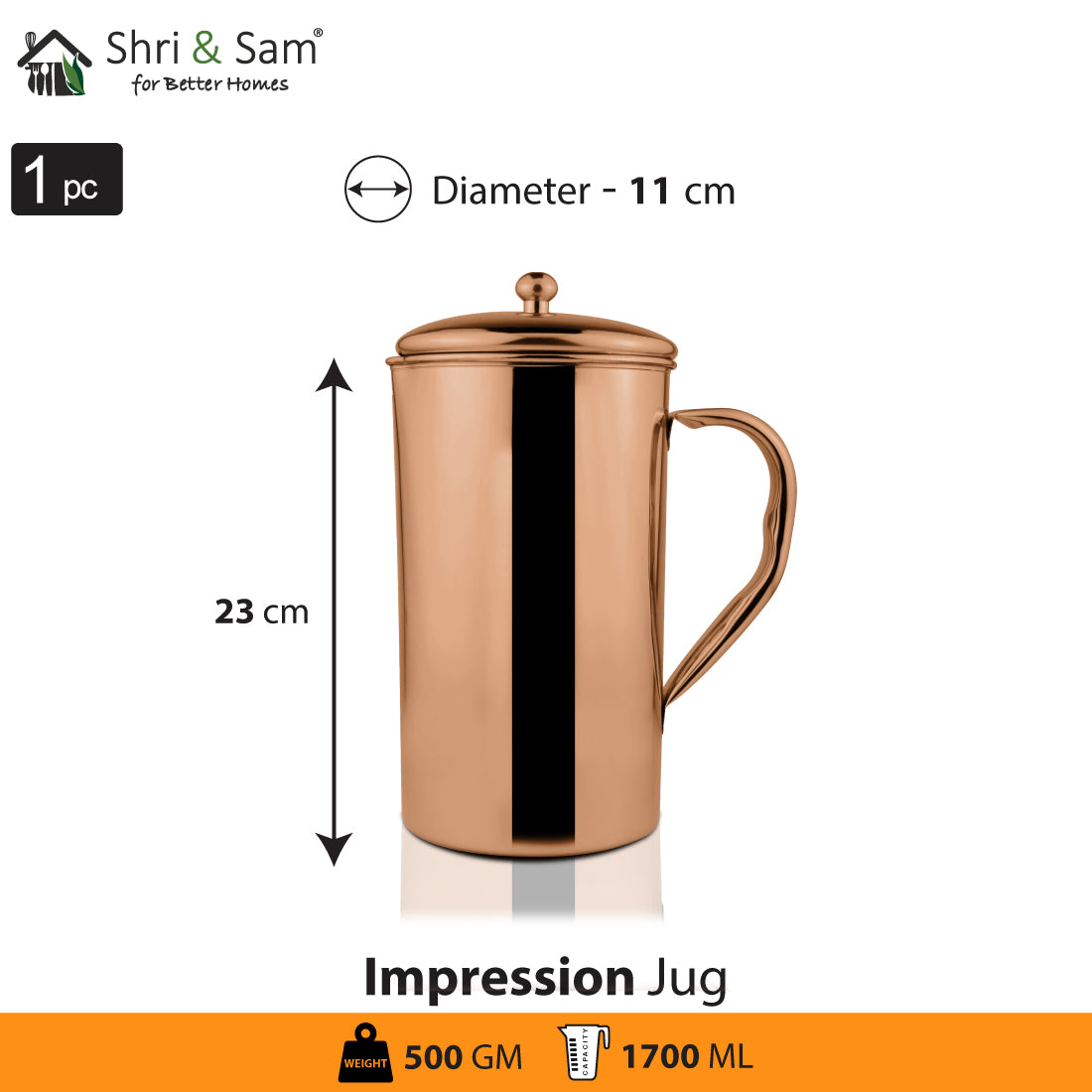 Stainless Steel 1700 ML Jug with Rose Gold PVD Coating Impression