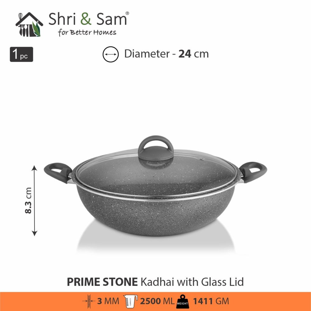 Aluminium Non - Stick Kadhai with Glass Lid Primestone