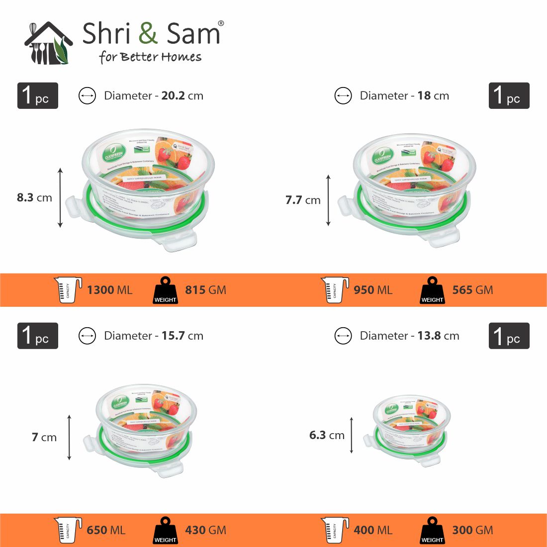 Glass 400ml, 650ml, 950ml & 1300ml Food Storage & Bakeware Container with Airtight Lid Round Clickfresh