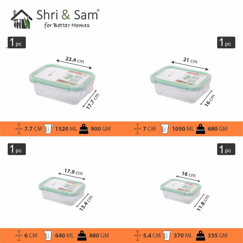 Glass 370ml, 640ml, 1050ml & 1520ml Food Storage & Bakeware Container with Airtight Lid Rectangular Clickfresh