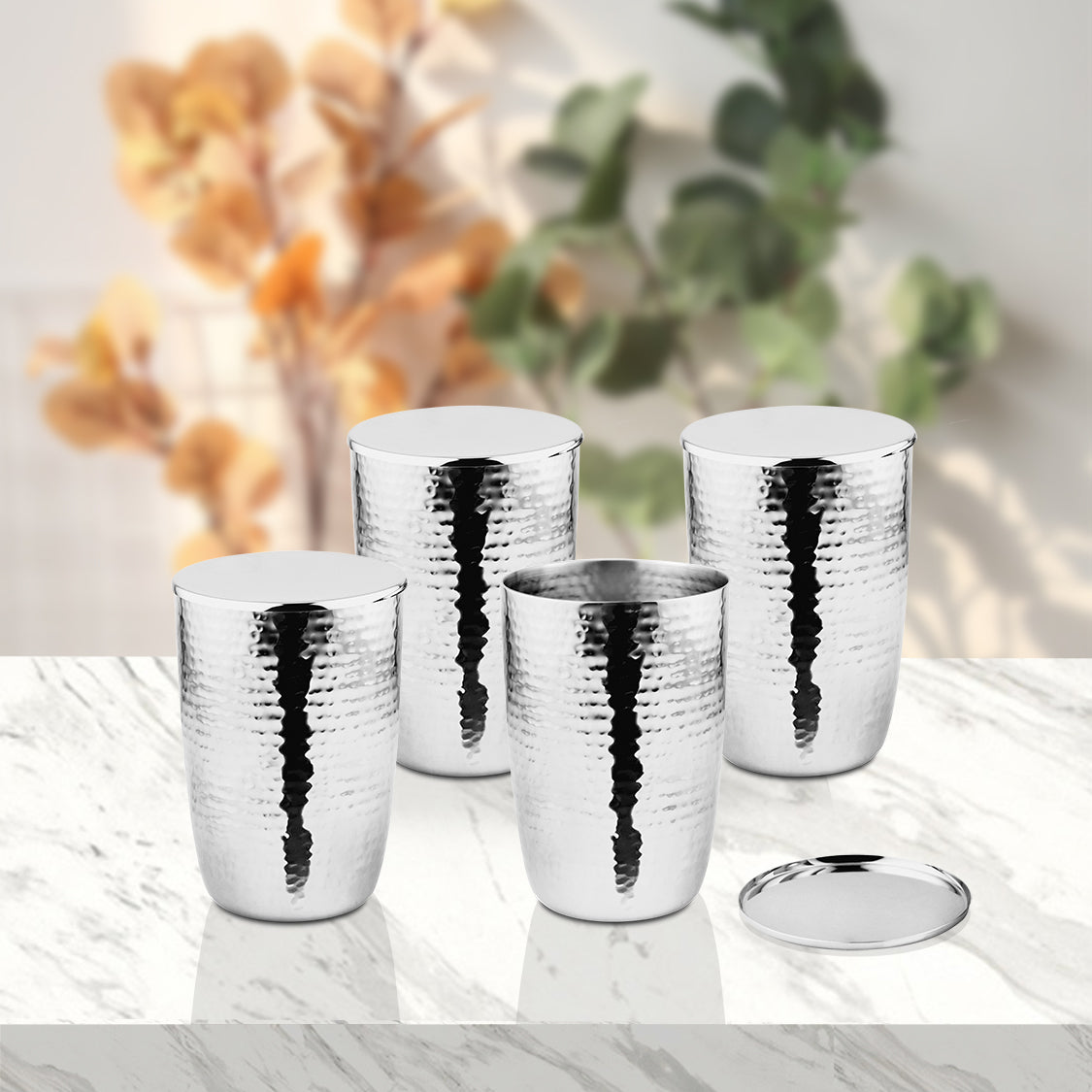 Stainless Steel 4 PCS Hammered Glass with SS Lid Impression