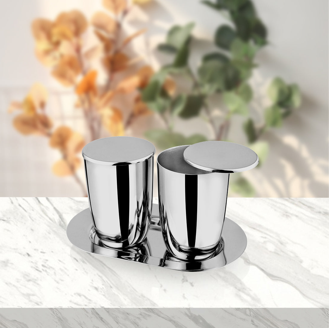 Stainless Steel 2 PCS Glass with SS Lid & SS Tray Impression