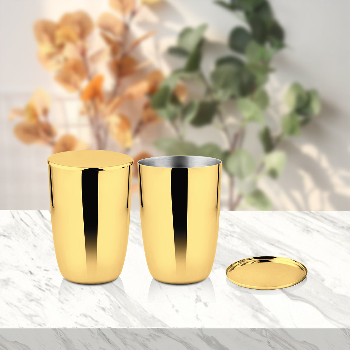 Stainless Steel 2 PCS Gold PVD Coated Glass with SS Lid Impression