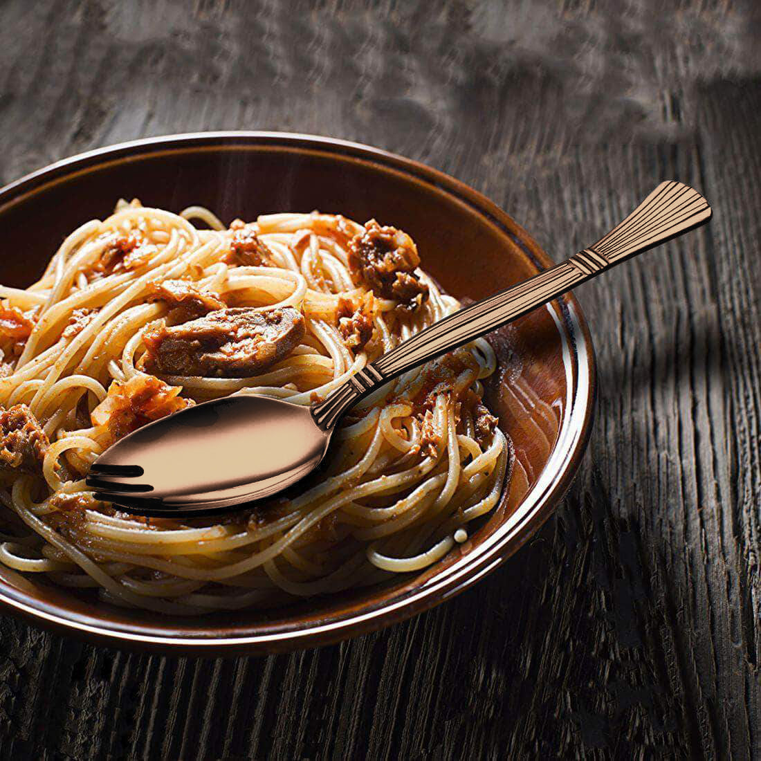 Stainless Steel 6 PCS Cutlery with Rose Gold PVD Coating Spork 2 IN 1