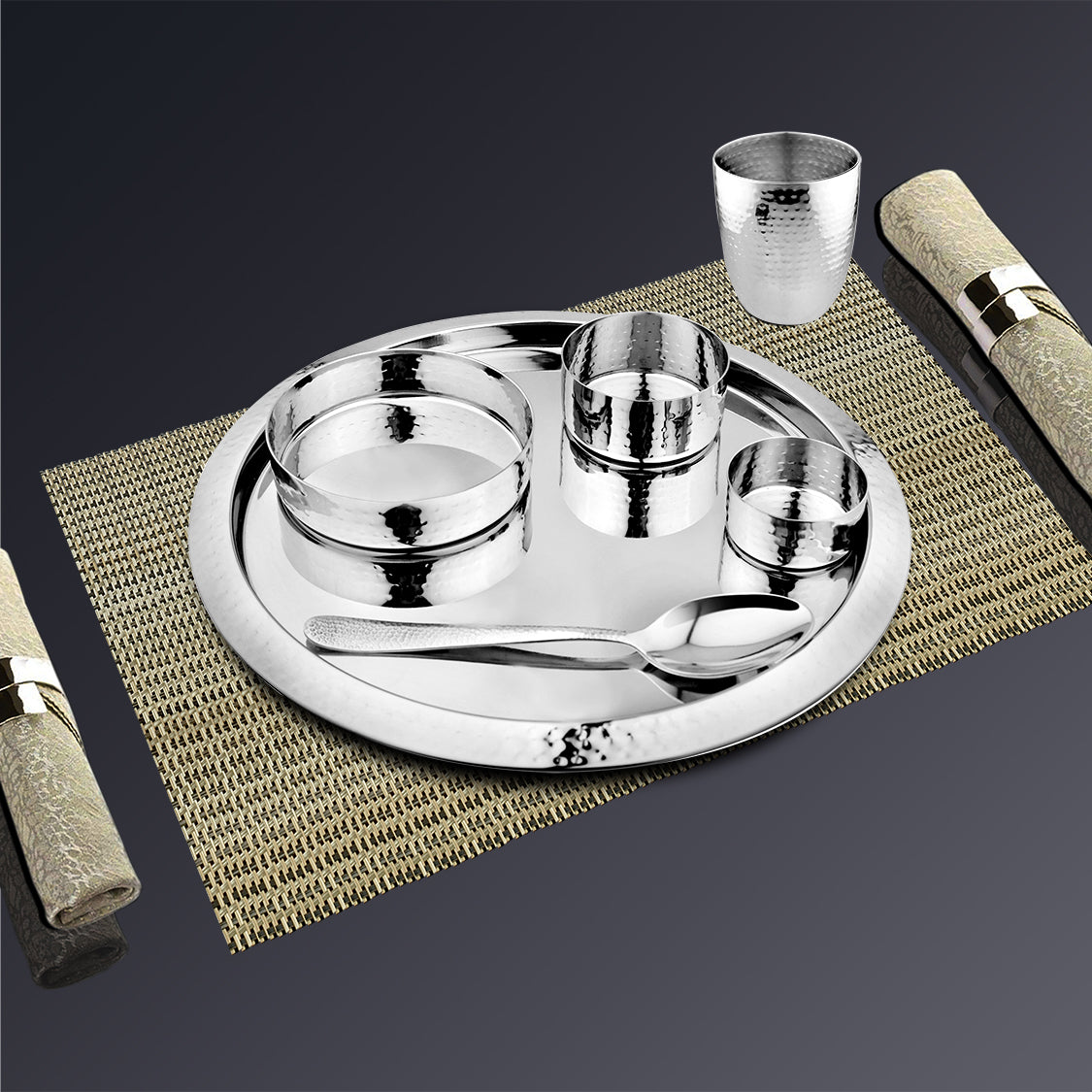 Stainless Steel Hammered Thali Set King