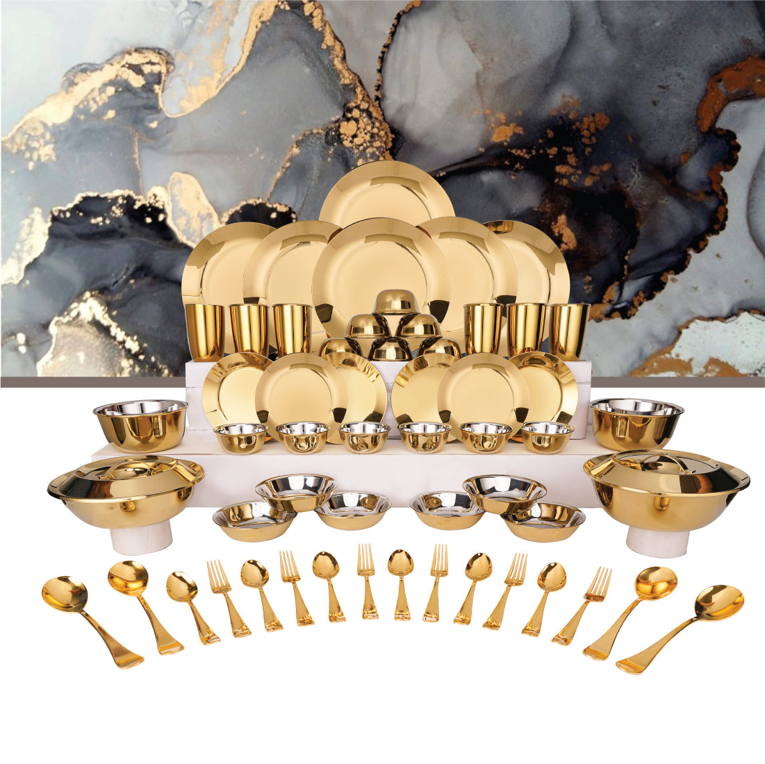 Stainless Steel 64 PCS Dinner Set (6 People) with Gold PVD Coating Signature - Shiny