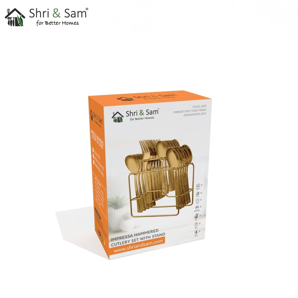 Stainless Steel 24 PCS Cutlery Set with Gold PVD Coating & Stand Impressa Hammered