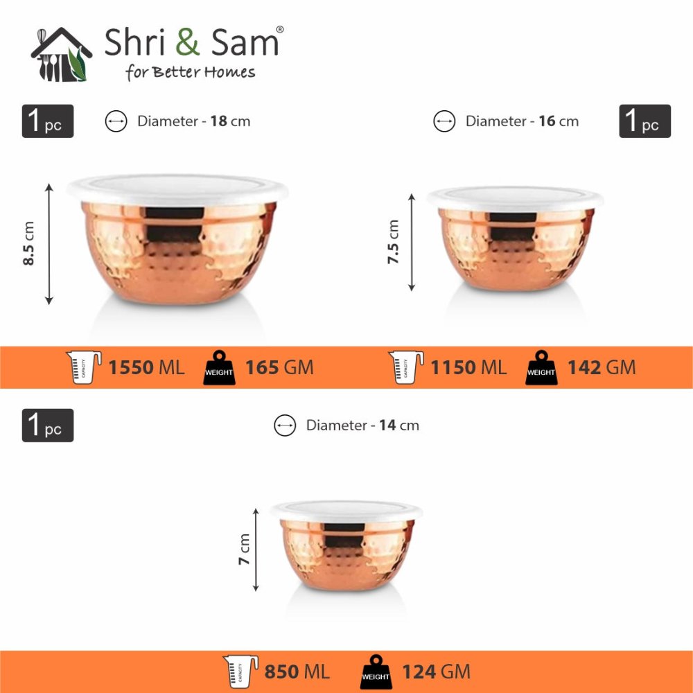 Stainless Steel 3 PCS Hammered Copper Bowl with Plastic Lid Fresco